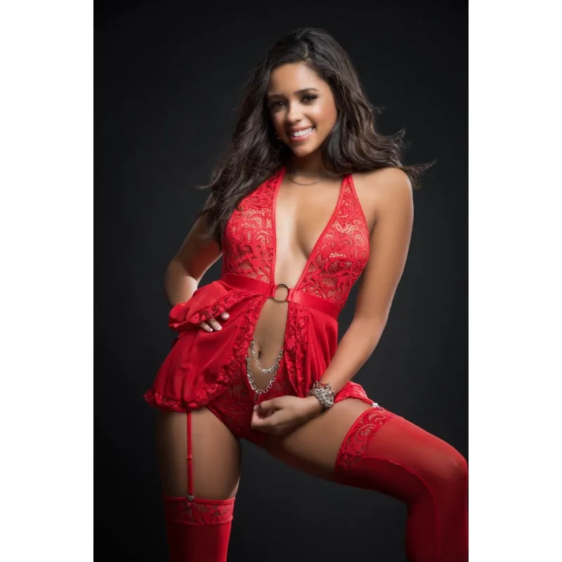 2pc O-Ring Babydoll Zip Crotch Teddy and Stocking One Size - Candy Red