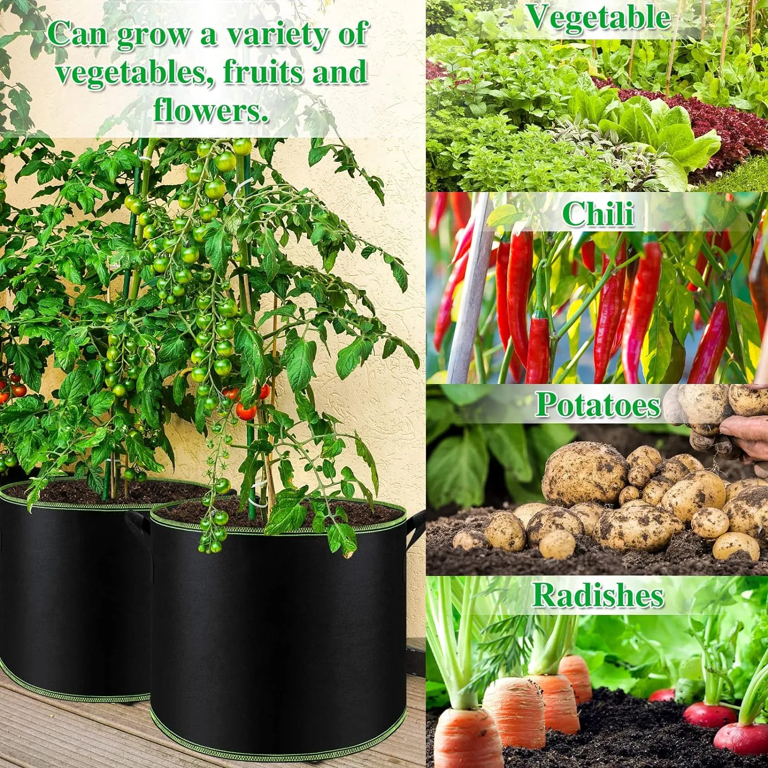 5-Pack 10 Gallon Grow Bags with Handles Thickened Nonwoven Fabric Pots Bn-link