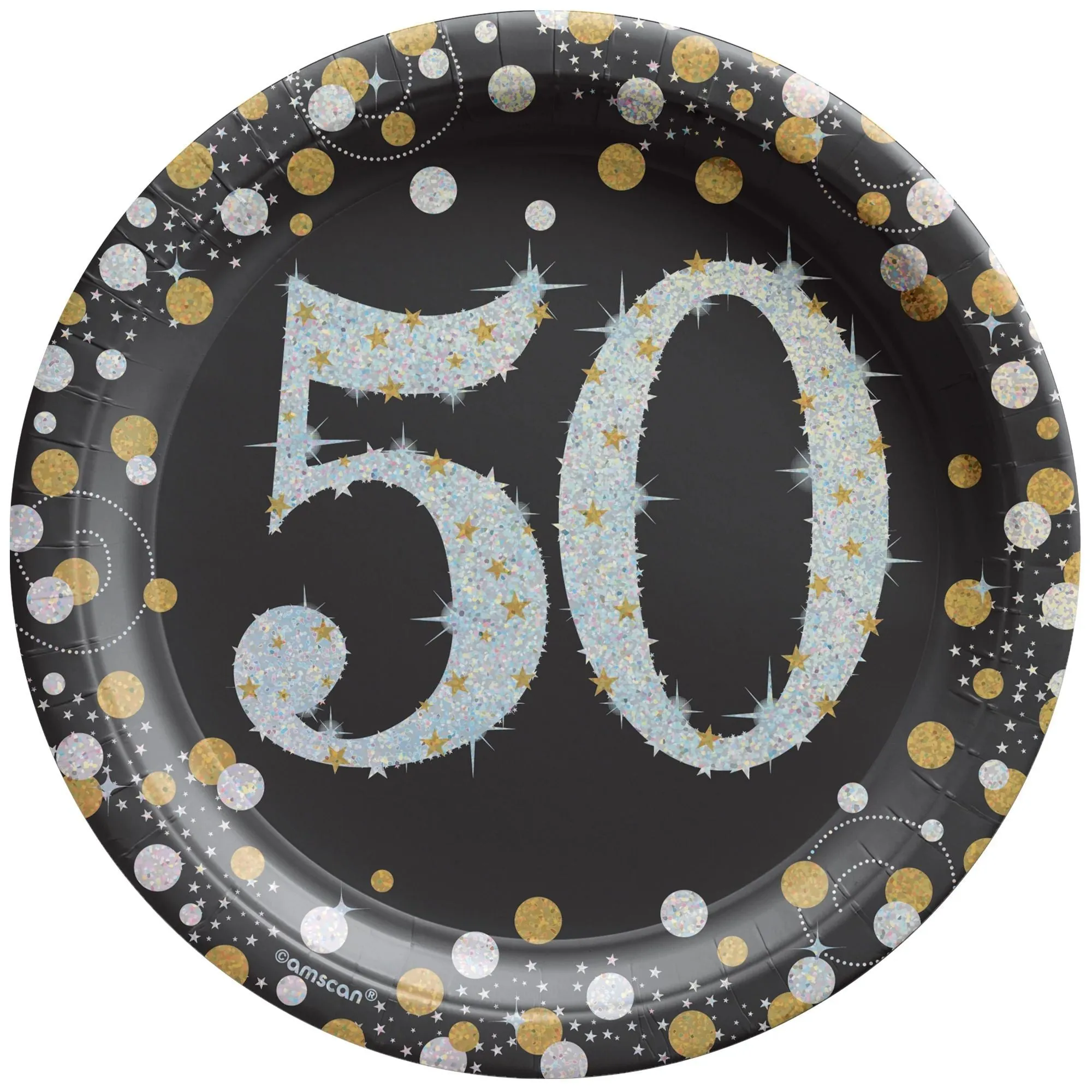 50th Sparkling Celeb Small Round Dessert Paper Plates, 7 Inches, 8 Count