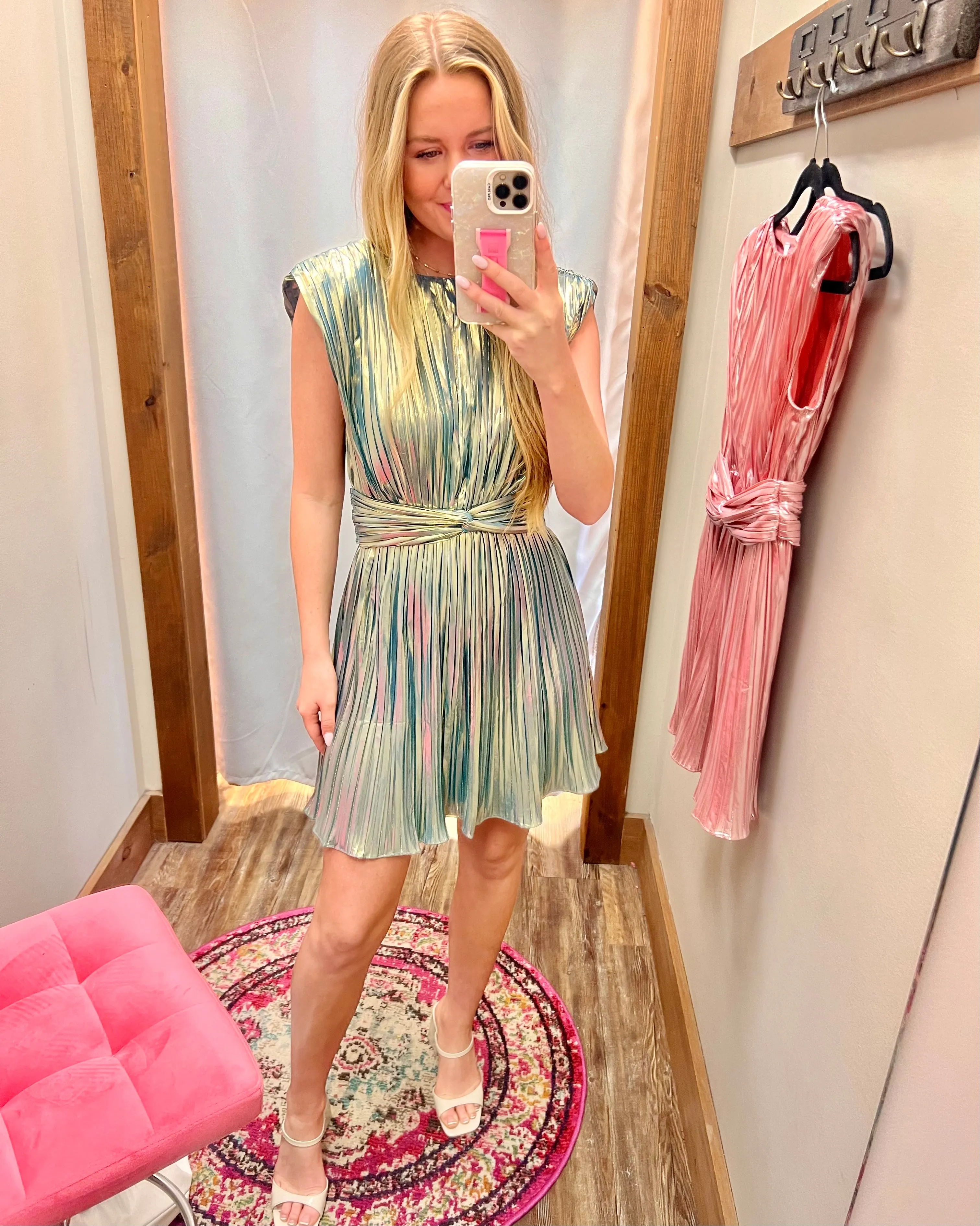 A Fancy Occasion Blue Iridescent Elastic Waist Shoulder Padded Metallic Mini Pleat Dress