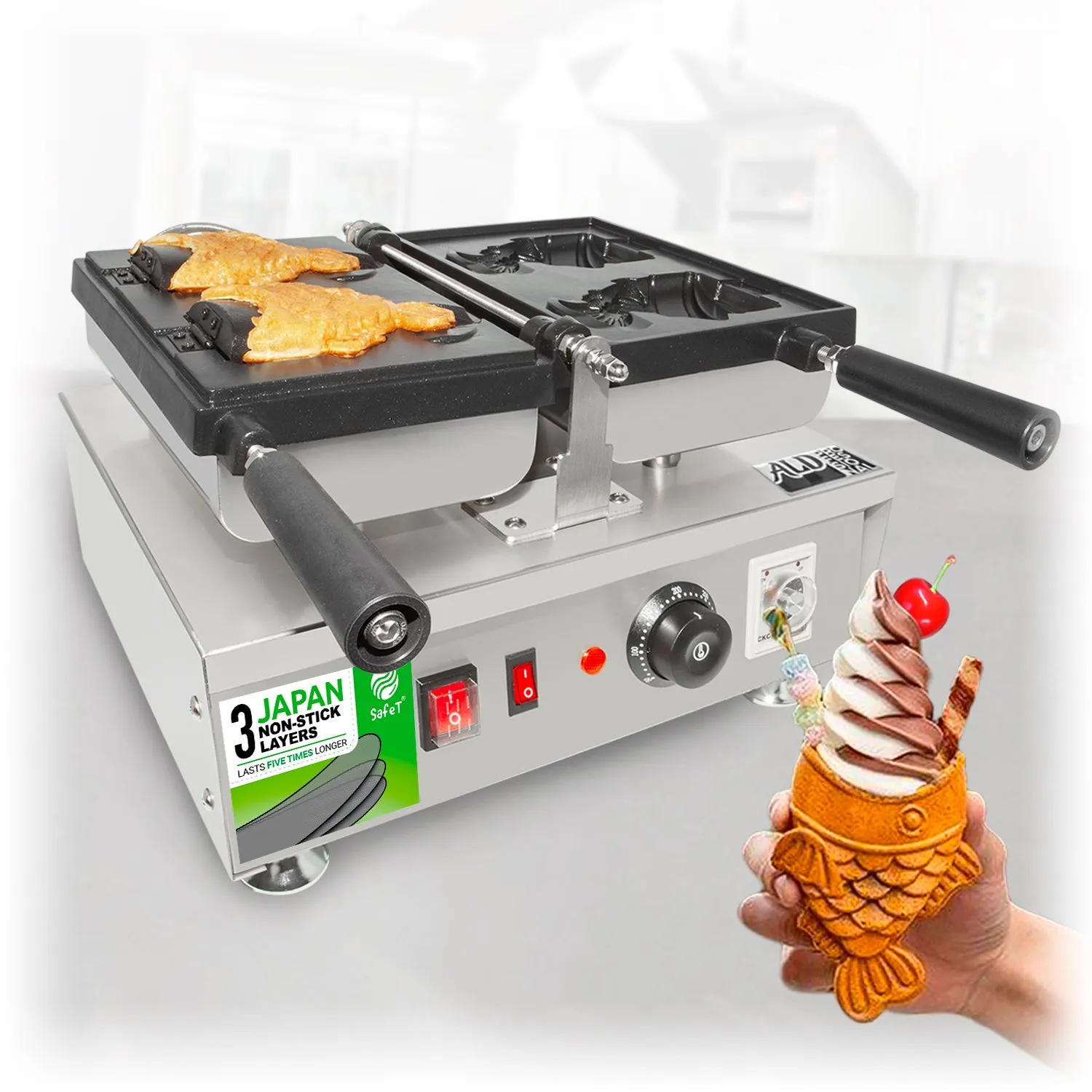 AP-199 Taiyaki Fish Waffle Maker | Electric Taiyaki Machine | 2 Open-Mouth Fish-Shaped Waffles | Nonstick