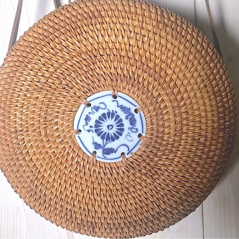 Bali Blue natural woven crossbody round beige  rattan purse   royal blue & white ceramic tile resort cruise travel birthday beach purse gift