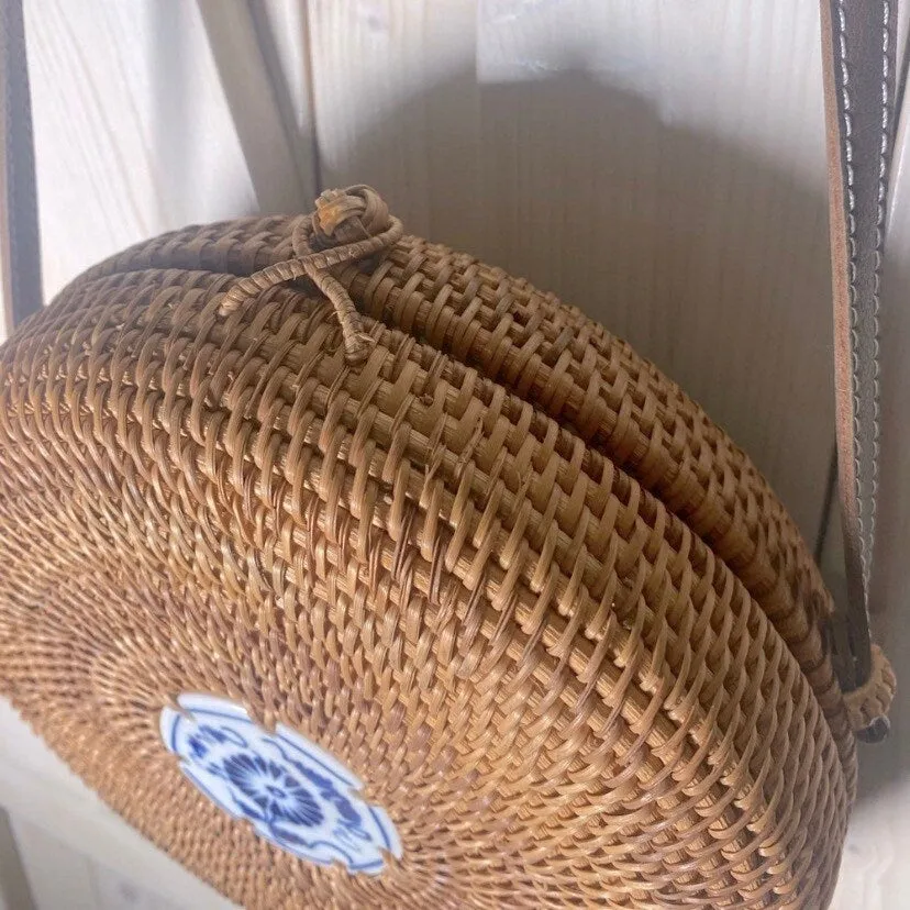 Bali Blue natural woven crossbody round beige  rattan purse   royal blue & white ceramic tile resort cruise travel birthday beach purse gift