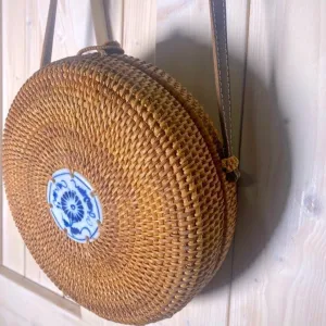 Bali Blue natural woven crossbody round beige  rattan purse   royal blue & white ceramic tile resort cruise travel birthday beach purse gift