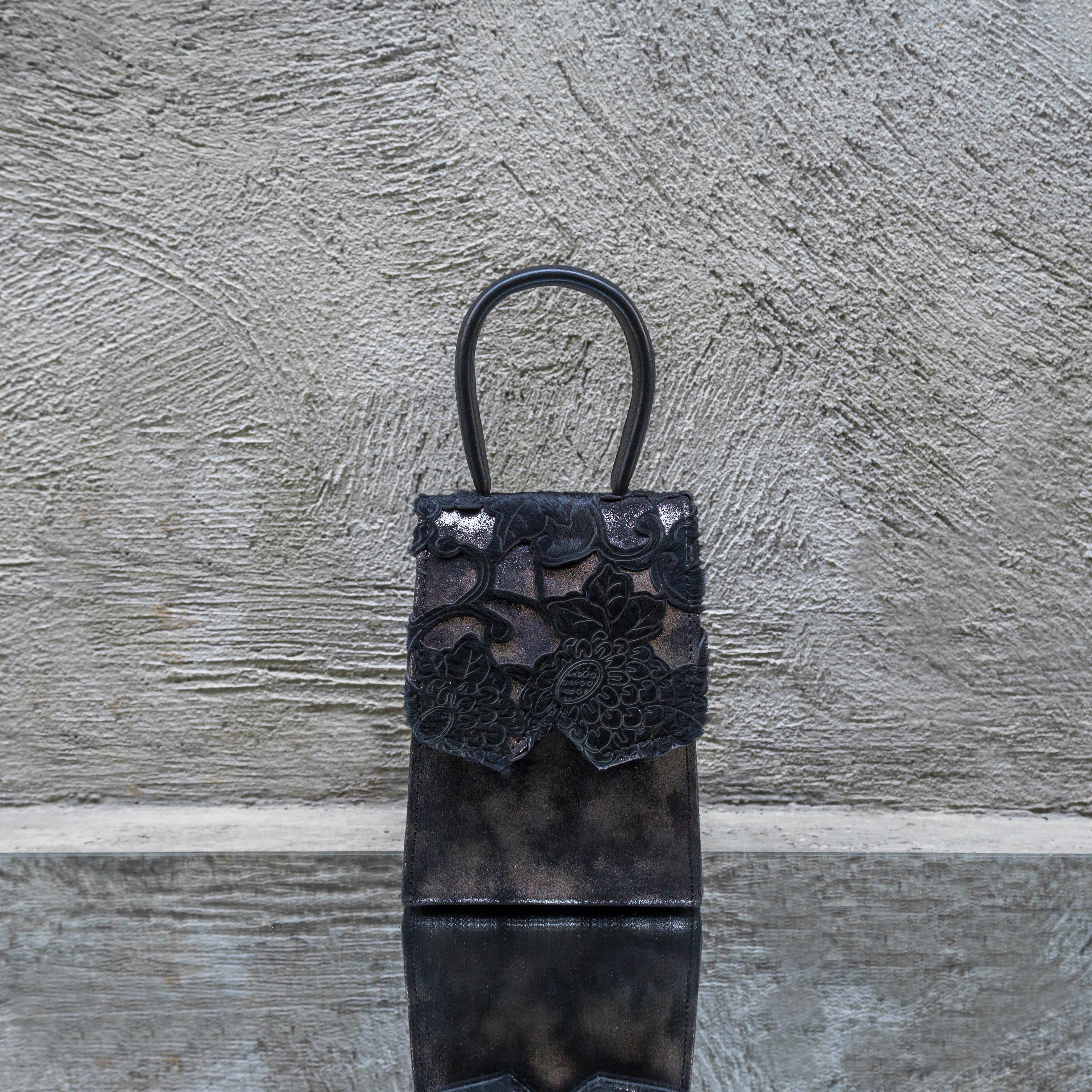 Black & Gunmetal Laser Cut Leather Mini Bag