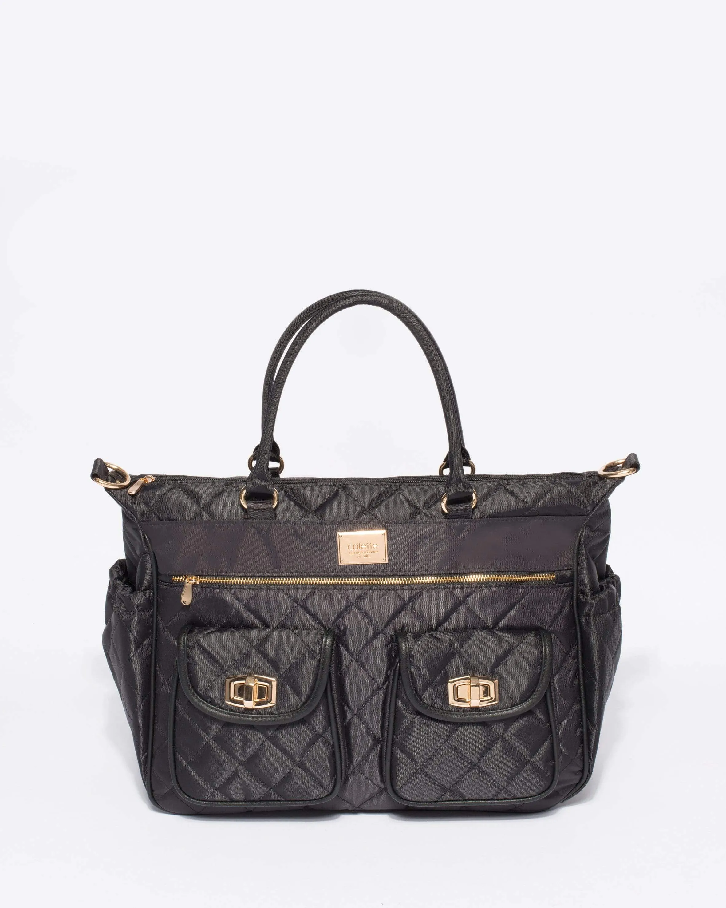 Black Quilted Travel Baby Bag With Gold Hardware