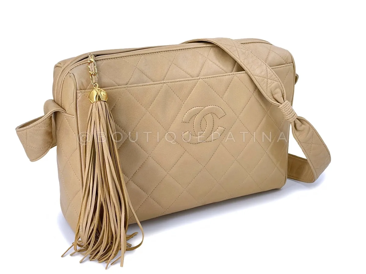 Chanel 1994 Vintage Light Beige Lambskin Large Camera Case Messenger Bag Tassel