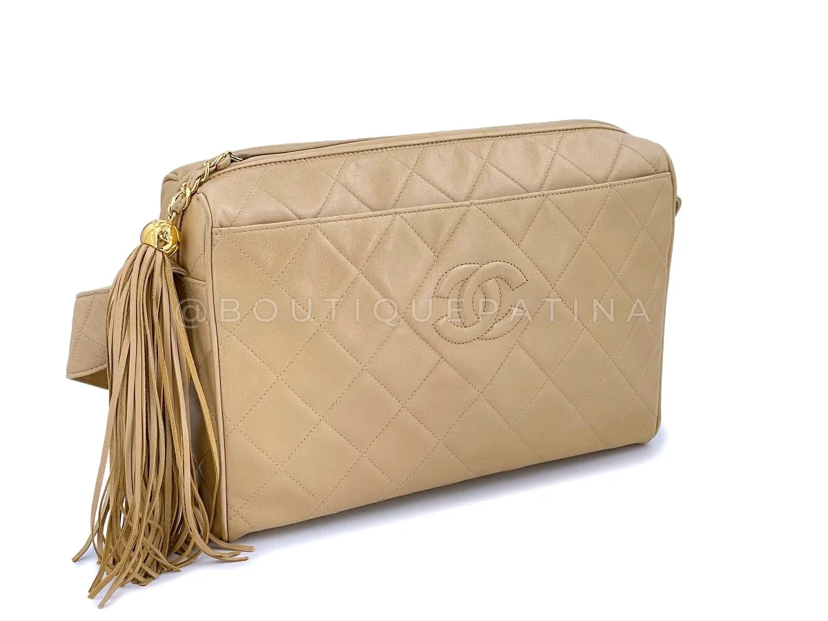 Chanel 1994 Vintage Light Beige Lambskin Large Camera Case Messenger Bag Tassel