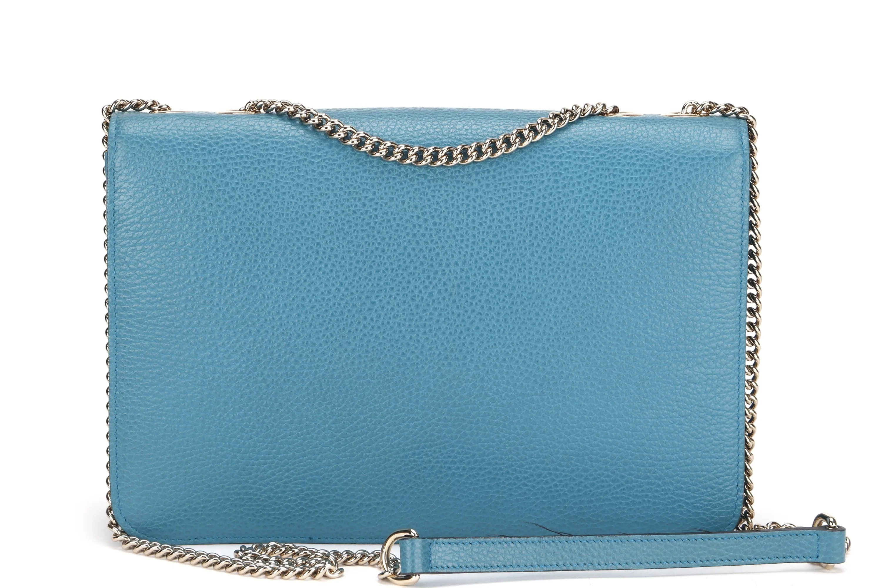 GUCCI 510303 520981 INTERLOCKING GG FLAP HANDBAG, LARGE BLUE LEATHER GOLD HARDWARE, WITH DUST COVER