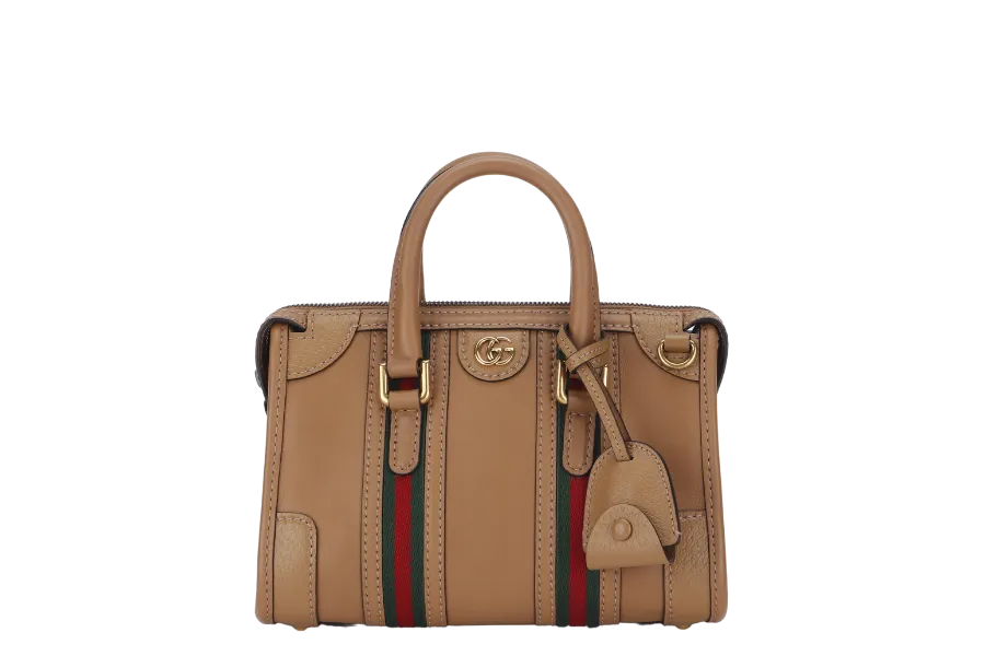 GUCCI  BAULETTO 2WAY BAG MINI CAMEL BROWN LEATHER (715771 498879) GOLD HARDWARE WITH STRAP, KEYS AND DUST COVER