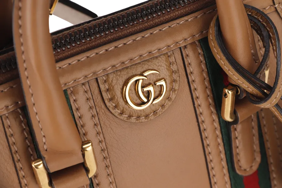 GUCCI  BAULETTO 2WAY BAG MINI CAMEL BROWN LEATHER (715771 498879) GOLD HARDWARE WITH STRAP, KEYS AND DUST COVER