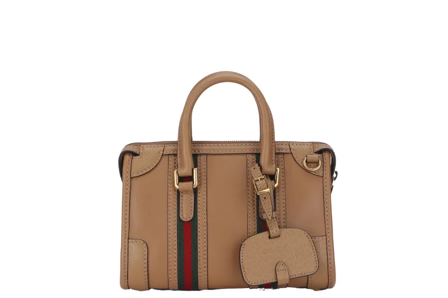 GUCCI  BAULETTO 2WAY BAG MINI CAMEL BROWN LEATHER (715771 498879) GOLD HARDWARE WITH STRAP, KEYS AND DUST COVER