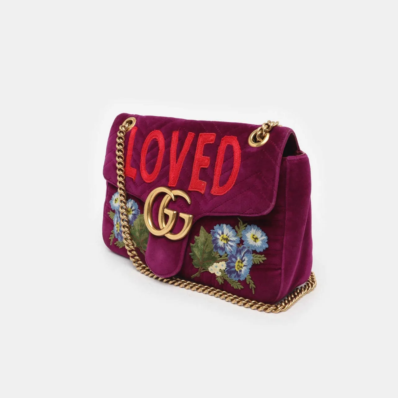 GUCCI Purple Quilted Velvet Embroidered LOVED Medium Marmont Bag