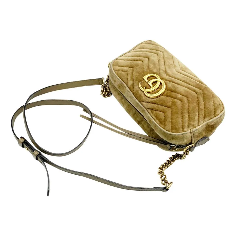 Gucci Shoulder Marmont Matelasse Small Gg Beige Brown Velvet Cross Body Bag