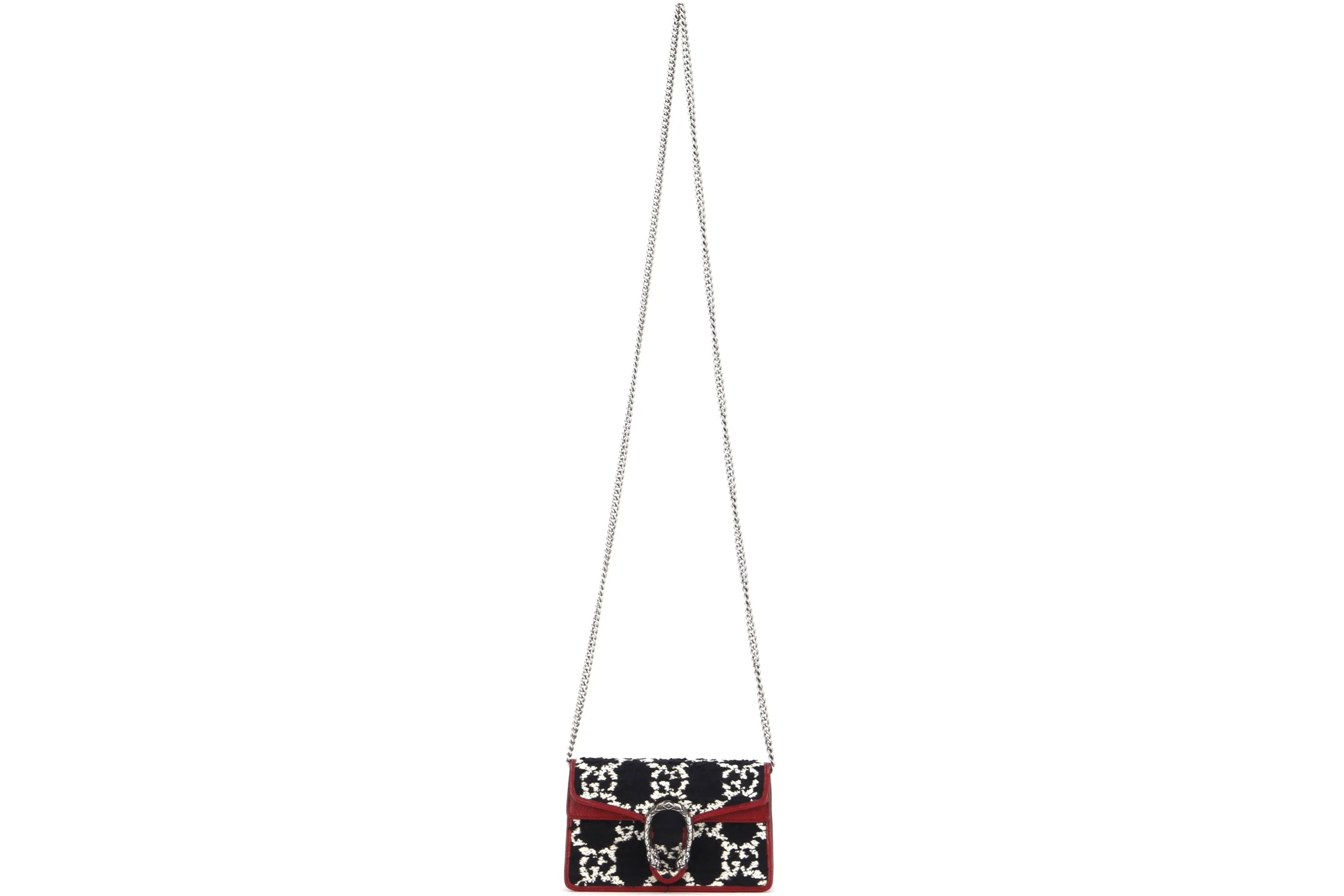 GUCCI SUPER MINI DIONYSUS (476432.0416) BLACK TWEED RED LEATHER TRIM SILVER HARDWARE, WITH CHAIN, NO DUST COVER