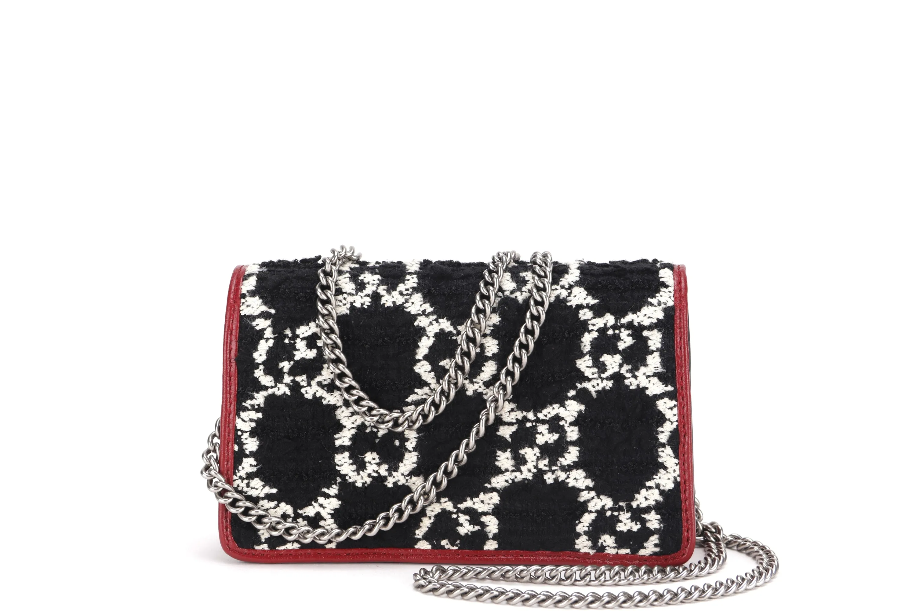 GUCCI SUPER MINI DIONYSUS (476432.0416) BLACK TWEED RED LEATHER TRIM SILVER HARDWARE, WITH CHAIN, NO DUST COVER