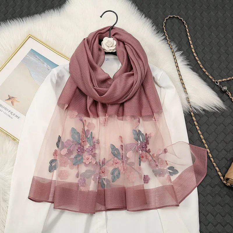 MZ066   Hot new organza flower embroidery nail beaded scarf women's travel out photo shawl spot