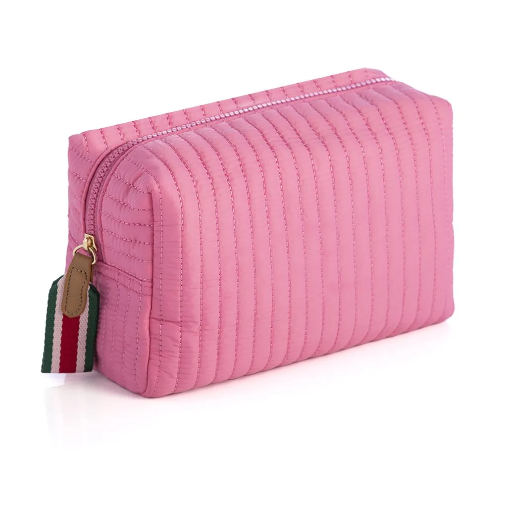 SHIRALEAH EZRA QUILTED NYLON LARGE BOXY COSMETIC POUCH, PINK