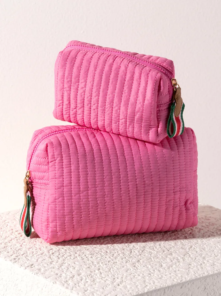 SHIRALEAH EZRA QUILTED NYLON LARGE BOXY COSMETIC POUCH, PINK