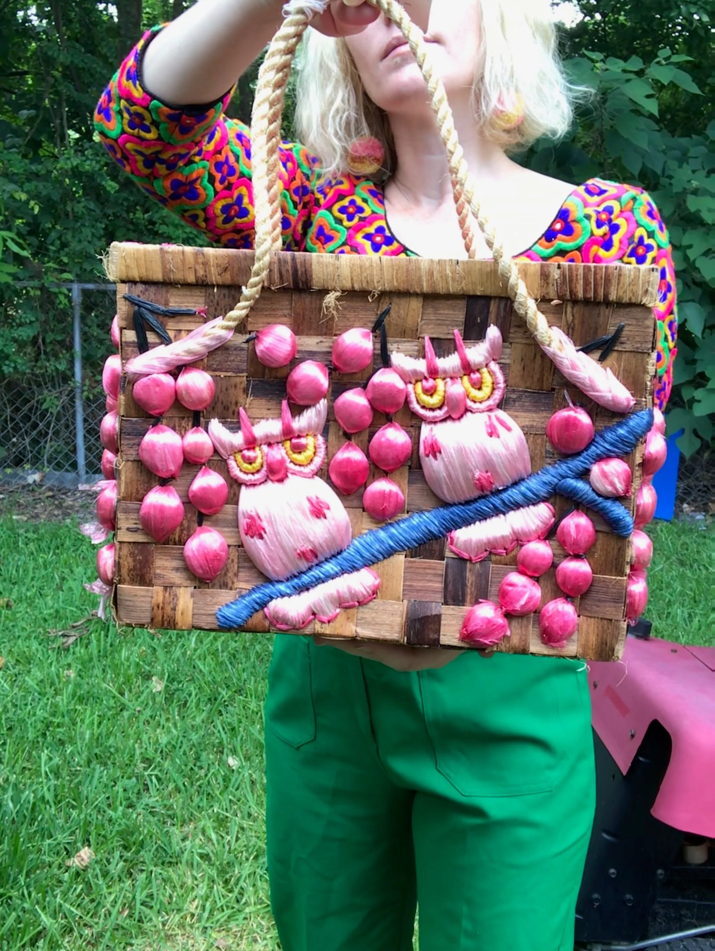 Vintage 70s | Owl Straw Basket Purse Woven Wicker Tote Bag Novelty Boho Handbag